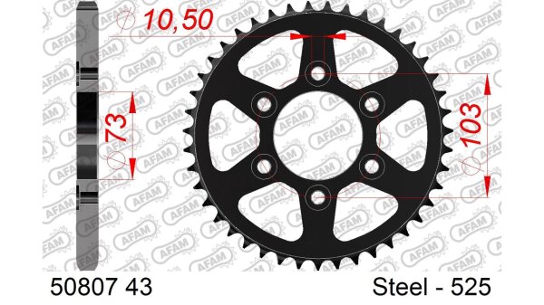 DC AFAM Stahl-Kettenrad 525 - 43Z (Schwarz) 50807-43| ID 73 LK 103 6-Loch