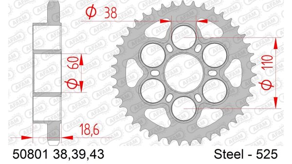 DC AFAM Stahl-Kettenrad 525 - 39Z (Silber) 50801-39| ID 60 LK 110 6-Loch