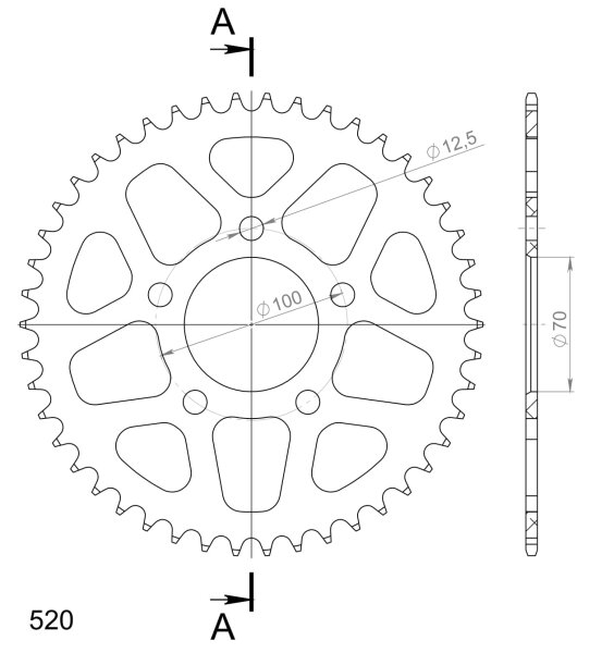 Supersprox Alu-Kettenrad 520 - 46Z (rot) RAL-728:46-RED|ID 70,0 LK 100,0 5-Loch