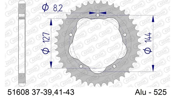 DC AFAM Alu-Kettenrad 525 - 38Z PCD (Gun Metal) 51608-38 | ID 127 LK 144 5-Loch