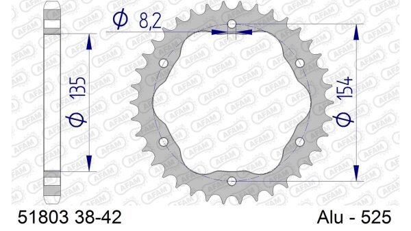 DC AFAM Alu-Kettenrad 525 - 40Z PCD (Gun Metal) 51803-40 | ID 135 LK 154 6-Loch