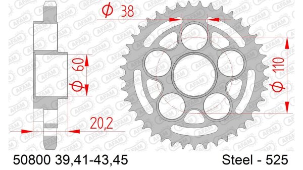 DC AFAM Stahl-Kettenrad 525 - 39Z (Silber) 50800-39| ID 60 LK 110 5-Loch