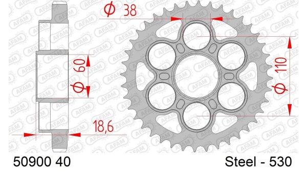 DC AFAM Stahl-Kettenrad 530 - 40Z (Silber) 50900-40| ID 60 LK 110 6-Loch