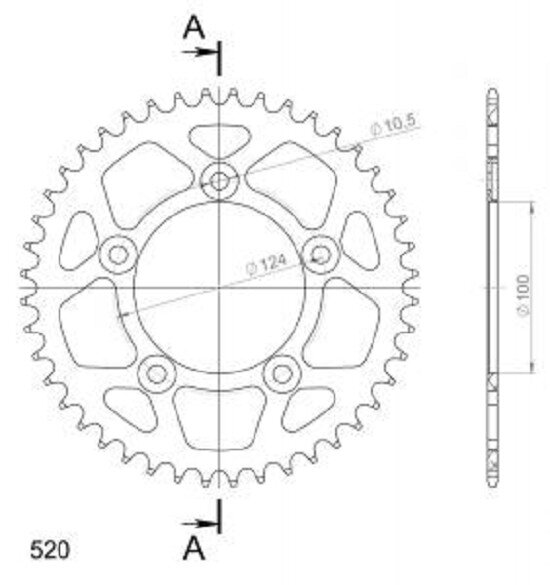 Supersprox Alu-Kettenrad 520 - 44Z (rot) RAL-743:44-RED|ID 100,0 LK 124,0 5-Loch