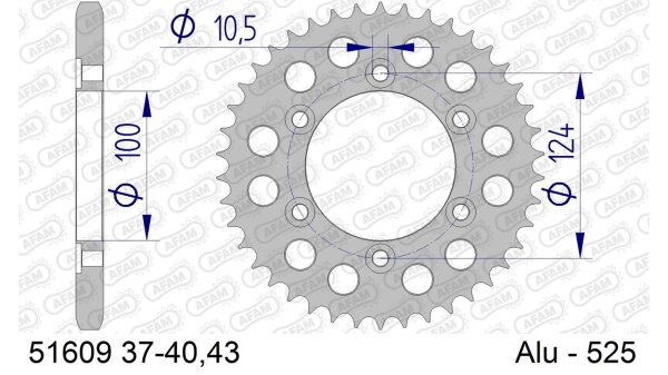 DC AFAM Alu-Kettenrad 525 - 43Z (Gun Metal) 51609-43 | ID 100 LK 124 6-Loch