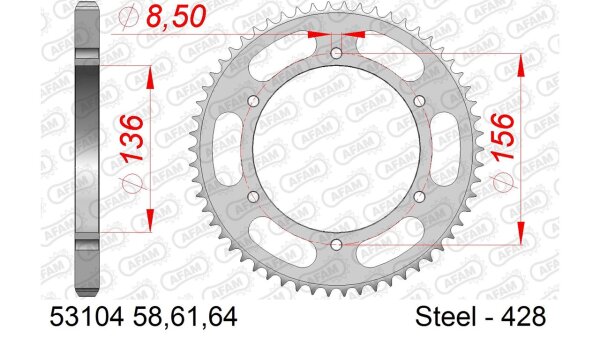 DC AFAM Stahl-Kettenrad 428 - 64Z (Silber) 53104-64| ID 136 LK 156 6-Loch