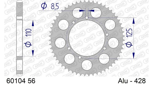 DC AFAM Alu-Kettenrad 428 - 56Z (Silber) 60104-56 | ID 110 LK 125 6-Loch