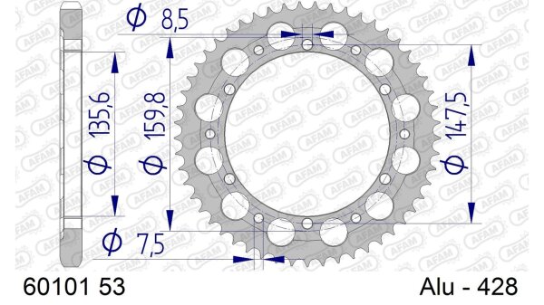 DC AFAM Alu-Kettenrad 428 - 53Z (Silber) 60101-53 | ID 135,6 LK 147,5 6-Loch