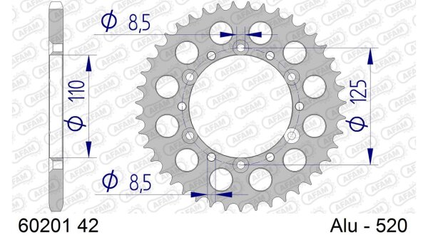 DC AFAM Alu-Kettenrad 520 - 42Z (Silber) 60201-42 | ID 110 LK 125 6-Loch