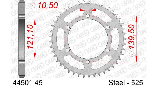 DC AFAM Stahl-Kettenrad 525 - 45Z (Silber) 44501-45| ID 121,1 LK 139,5 6-Loch