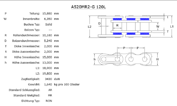 DC AFAM Rollenkette A520MR2-G/098C Kette offen mit Clipschloss