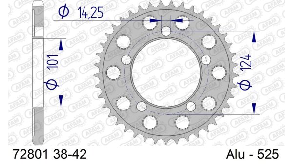 DC AFAM Alu-Kettenrad 525 - 38Z (Gun Metal) 72801-38 | ID 101 LK 124 5-Loch