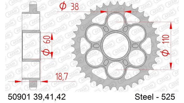 DC AFAM Stahl-Kettenrad 525 - 42Z (Silber) 50901-42| ID 60 LK 110 6-Loch