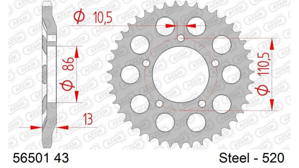 DC AFAM Stahl-Kettenrad 520 - 43Z (Silber) 56501-43| ID 86 LK 110,5 5-Loch