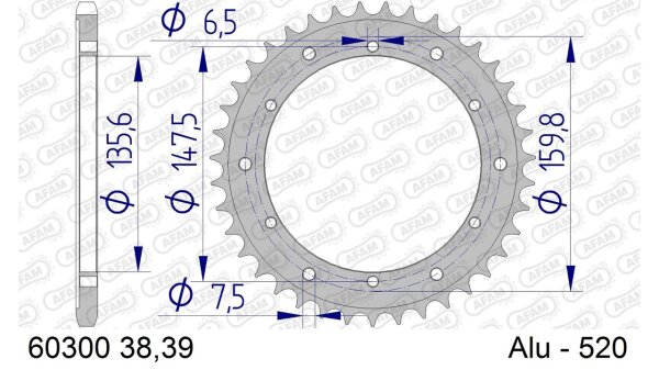 DC AFAM Alu-Kettenrad 520 - 39Z (Silber) 60300-39 | ID 135,6 LK 147,5 6-Loch