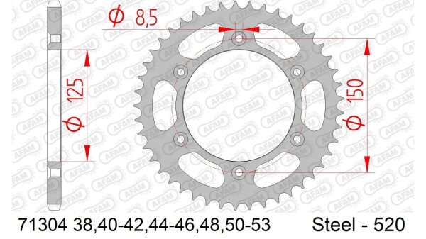 DC AFAM Stahl-Kettenrad 520 - 46Z (Silber) 71304-46| ID 125 LK 150 6-Loch