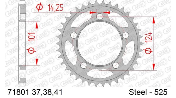 DC AFAM Stahl-Kettenrad 525 - 37Z (Silber) 71801-37| ID 101 LK 124 5-Loch