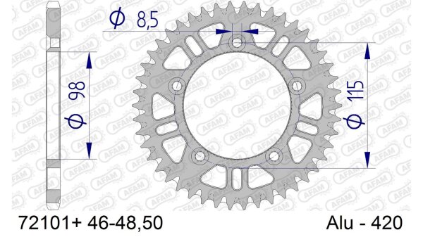 DC AFAM Alu-Kettenrad 420 - 46Z (Gun Metal) 72101+46 | ID 98 LK 115 5-Loch mit Schlammnut