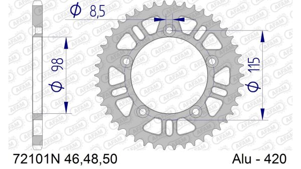 DC AFAM Alu-Kettenrad 420 - 46Z (Silber) 72101N-46 | ID 98 LK 115 5-Loch