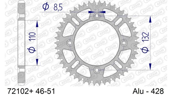 DC AFAM Alu-Kettenrad 428 - 48Z (Gun Metal) 72102+48 | ID 110 LK 132 4-Loch mit Schlammnut