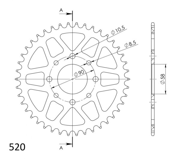 Supersprox Alu-Kettenrad 520 - 46Z (orange) RAL-273:46-ORG|ID 58,0 LK 90,0 4-Loch/4-Loch