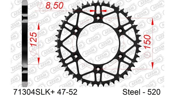 DC AFAM SLK Stahl-Kettenrad 520 - 47Z (Schwarz) 71304SLK+47| ID 125 LK 150 6-Loch m. Schmutzkerben