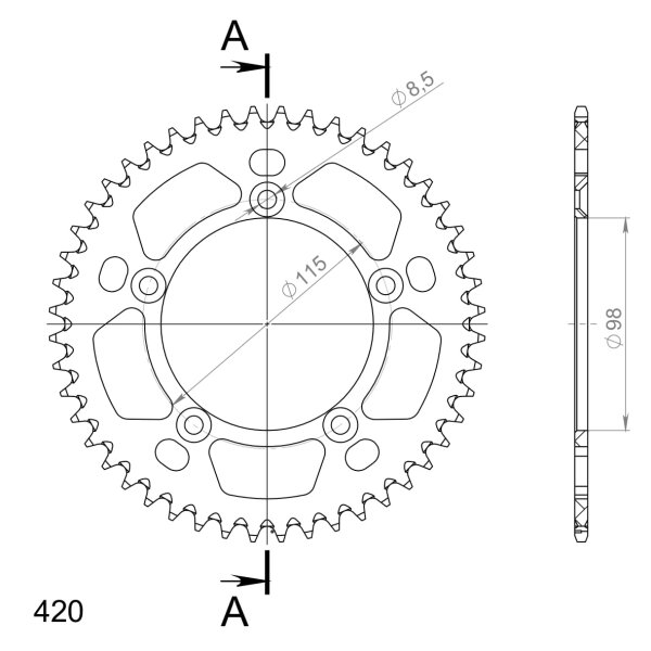 Supersprox Alu-Kettenrad 420 - 48Z (silber) RAL-4:48-SLV|ID 98,0 LK 115,0 5-Loch