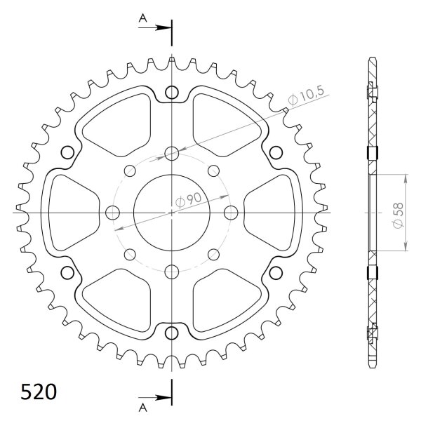 Supersprox Stealth-Kettenrad 520 - 44Z (orange) RST-273:44-ORG|ID 58,0 LK 90,0 4-Loch/4-Loch