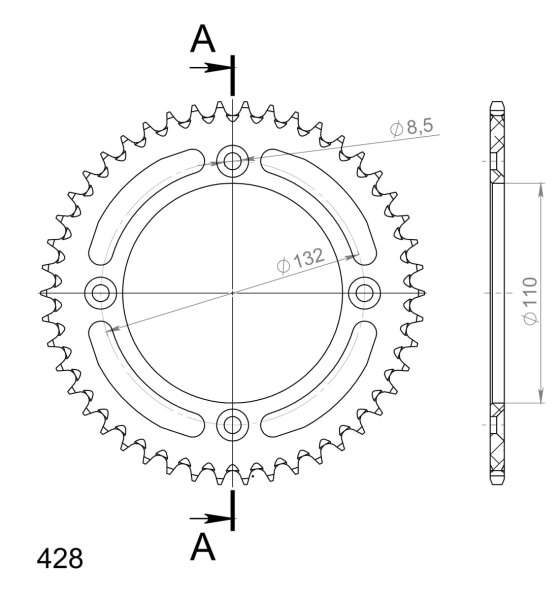 Supersprox Alu-Kettenrad 428 - 46Z (blau) RAL-898:46-BLU|ID 110,0 LK 132,0 4-Loch