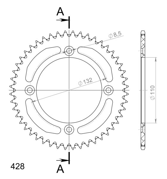 Supersprox Alu-Kettenrad 428 - 48Z (rot) RAL-898:48-RED|ID 110,0 LK 132,0 4-Loch