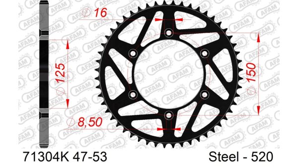 DC AFAM MX Stahl-Kettenrad 520 - 52Z (Schwarz) 71304K-52| ID 125 LK 150 6-Loch