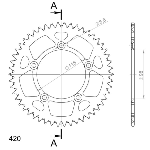 Supersprox Alu-Kettenrad 420 - 50Z (silber) RAL-4:50-SLV|ID 98,0 LK 115,0 5-Loch