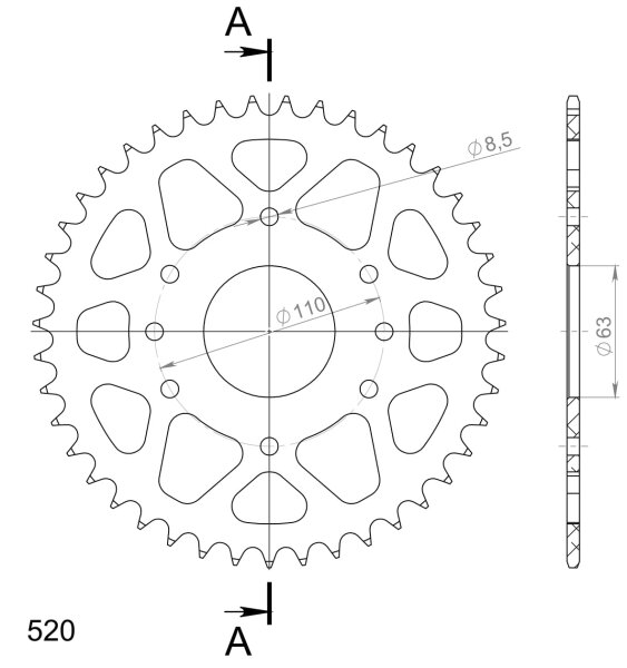 Supersprox Alu-Kettenrad 520 - 43Z (orange) RAL-905:43-ORG|ID 63,0 LK 110,0 8-Loch