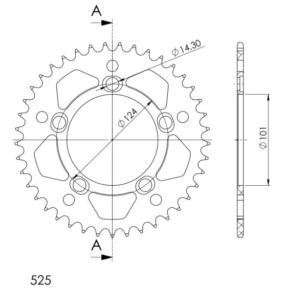 Supersprox Alu-Kettenrad 525 - 43Z (orange) RAL-991:43-ORG|ID 101,0 LK 124,0 5-Loch