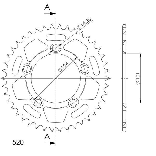 Supersprox Alu-Kettenrad 525 - 42Z (orange) RAL-991:42-ORG|ID 101,0 LK 124,0 5-Loch