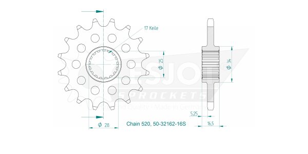 Esjot Ritzel 520 - 16Z 50-32162-16S|feinverzahnt 25,0/28,0