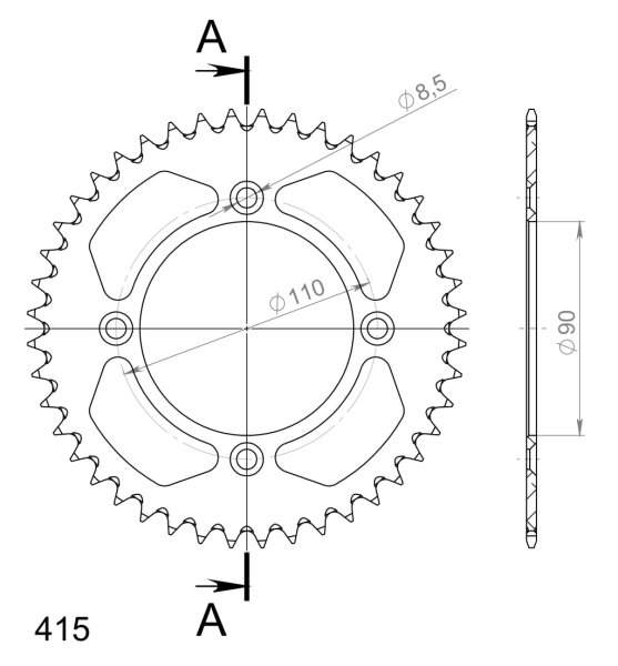 Supersprox Alu-Kettenrad 415 - 44Z (blau) RAL-452:44-BLU|ID 90,0 LK 110,0 4-Loch